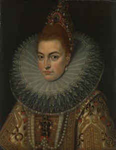 Porträtt av ärkehertiginnan Isabella Clara Eugenia (1566-1633), Infanta av Spanien av Frans Pourbus (II) (workshop of)