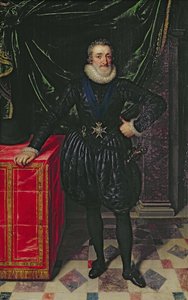 Porträtt av Henri IV (1553-1610) kung av Frankrike, i en svart dräkt, ca 1610 (panel)