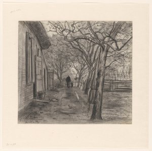 Gård med träd, kvinna och barn