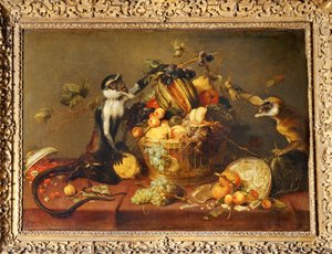 Två apor som plundrar en fruktkorg... av Frans Snyders