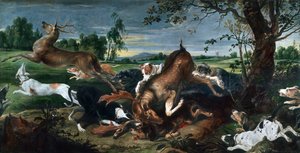 Jakthjort, av Frans Snyders (1579-1657), olja på duk, 220x420 cm.