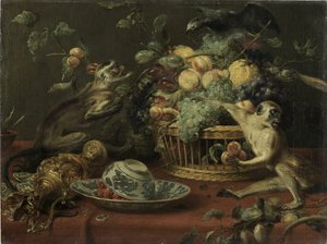 Apor och papegoja nära en fruktkorg av Frans Snyders