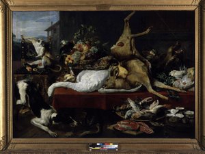 Stilleben av vilt, fisk, frukt och grönsaker (olja på duk)