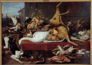 Stilleben med rådjur Vilt (fasan, gås, rådjur), skiva fisk, krabba, baljväxter. målning av Frans Snyders (1579-1657)