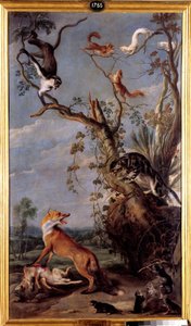 Katten och räven Illustration av fabeln av Jean de la Fontaine. Målning av Frans Snyders (1579-1657) (ec.flam.) 1600-talets Madrid, Pradomuseet.