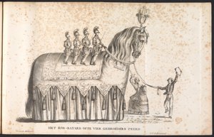 Ros Beiaard som flöte i processionen för Saint Rombout, 1825 Ros-Bayard eller fyra bröder Peerd (titel på objekt)