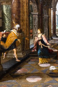 Salomo välkomnar drottningen av Saba till sitt palats av Frans & Vries Paul V. de (1567 1630) Francken
