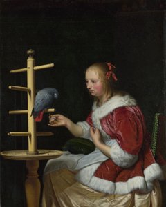 En kvinna i en röd jacka matar en papegoja, ca 1663