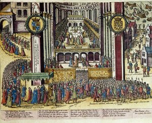 Kröning av kung Jakob I av England (1566-1625) i Westminster Cathedral den 25/07/1603. 1653 Tryck av Franz Hogenberg (1535-1590) Cabinet of Prints, B.N., Paris.
