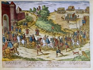 Inskrivning av hertig Ferdinand Alvarez av Toledo eller Fernando Alvarez de Toledo y Pimentel (1508-1582), 3:e hertig av Alba de Tormes, i Bryssel den 8 augusti 1567 med den spanska armén. 1653 Tryck av Franz Hogenberg (1535-1590) Cabinet of Prints, B.N., 
