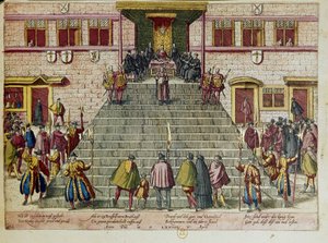 Uppläsning av nådeakten den 5 april 1574 i Bryssel: Vilhelm I av Oranien-Nassau, prins av Oranien, med smeknamnet Vilhelm den tystlåtne (1533-1584), initiativtagare till revolten mot Filip II av Spanien, känd som tjugofyraårskriget, som kulminerade i
