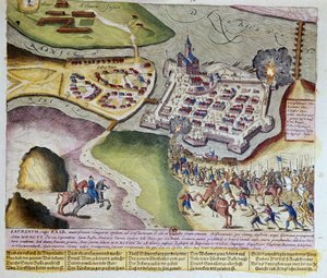 Adolf Schwarzenbergs intagande av Raab den 28 mars 1598. 1653 Tryck av Franz Hogenberg (1535-1590) Cabinet des Estampes, B.N, Paris.