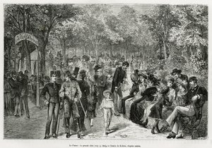 Prater: den stora gångvägen. Gravyr av Kollarz, för att illustrera historien om Wien och dess förorter, av M. Newlinski, 1881, publicerad i Tour du monde, under ledning av Edouard Charton (1807-1890) av Franz (after) Kollarz