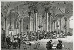 Centralkaféet i Wien (Österrike). Gravyr av Kollarz, för att illustrera historien om Wien och dess förorter, av M. Newlinski, 1881, publicerad i Tour du monde, under ledning av Edouard Charton (1807-1890) av Franz (after) Kollarz