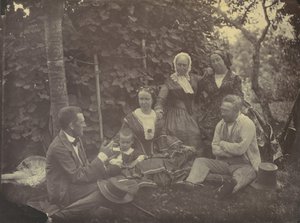 [Tre kvinnor, två män och ett barn på picknick], 1850-60-tal.