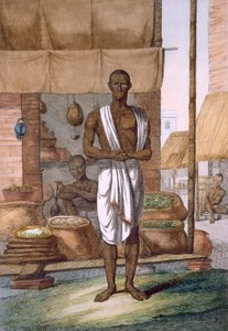Livsmedelshandlare utanför sin butik med varor i säckar, från "The Hindus, or the Description of their Manners, Costumes and Ceremonies", ca 1808-12 (färgad etsning). av Franz Balthazar Solvyns