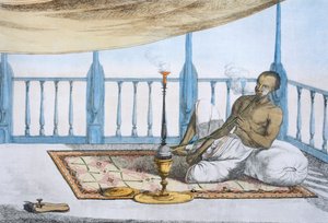 Man som röker en vattenpipa av hasch eller opium, från "The Hindus or the Description of their Mores, Customs and Ceremonies", pub. 1808-12 (färgad etsning)
