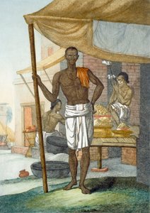 Butiksinnehavare: en konditor, från "The Hindus, or the Description of their Manners, Costumes and Ceremonies", ca 1808-12 (färgad etsning) av Franz Balthazar Solvyns