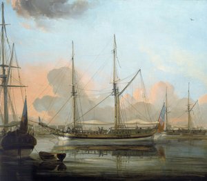 Fartyget "Charlotte" från Chittagong, Bangladesh, och andra fartyg, för ankar i Hugli River (Indien), i Calcutta. Olja på duk av Franz Balthazar Solvyns