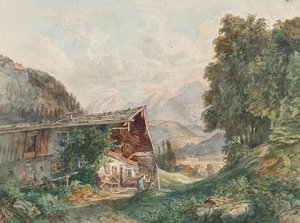 Alplandskap med bondgård och kvinna vid fontän