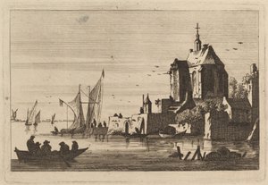 Kyrka i en inlopp med roddbåt i förgrunden av Franz Edmund Weirotter