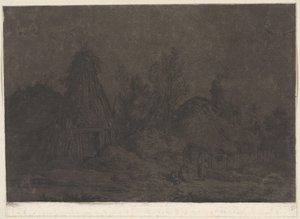 Månskensscen med figurer framför en koja XII Vues de la Normandie (serietitel)