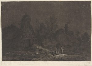Månskensscen med figurer framför en koja XII Vues de la Normandie (serietitel)