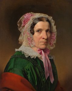 Porträtt av en äldre dam i spetshuva och rosa band av Franz Eybl