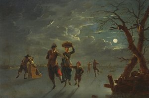 Skridskoåkning med månsken (olja på koppar)