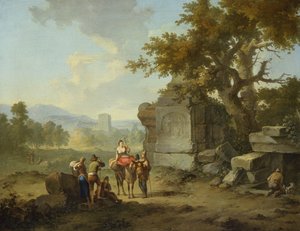 Rustikt landskap med resenärer (en i ett par)