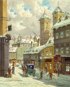 Neustiftgasse i Wien med Ulrichskirche av Franz Gerasch
