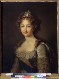 Porträtt av kejsarinnan Elisabeth Alexeievna, prinsessan Louise Augusta av Baden (1779-1826). Hon bär ett pärldiadem. (Porträtt av kejsarinnan Elizabeth Alexeievna, prinsessan Louise av Baden). Hustru till tsar Alexander I Pavlovich (1777-1825). Måla