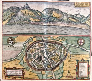 Exakt illustration av staden Munstermaifeld i Maifeld, Tyskland av Franz Hogenberg