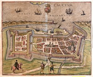Calais, Frankrike: Frankrikes port, fästning och nyckel kom under den spanske kungen Philips makt 1597 (gravyr av Franz Hogenberg