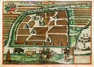 Karta över Moskva (Ryssland) - Verk av Frans Hogenberg (1535-1590), gravyr och akvarell extraherat från Civitates orbis terrarium av Franz Hogenberg