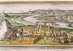 Conil de la Frontera, fiskarna torkar fisken, skär den, säljer den och packar den i fat för försäljning, från "Civitatis Orbis Terrarum" av Franz Hogenberg