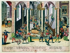 Förstörelse av reliker och statyer i kyrkor, april 1566 (färgad gravyr) av Franz Hogenberg