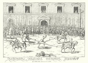Avrättning av Jean de Poltrot för mordet på Franciskus, hertig av Guise, Paris, 1563 av Franz Hogenberg
