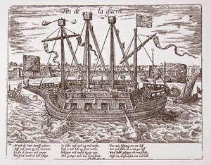 "Fin de la Guerre", krigsfartyg som byggdes för de förenade provinserna, 1585 av Franz Hogenberg