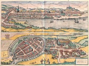 Flensburg och Itzehoe, Tyskland (gravyr av Franz Hogenberg