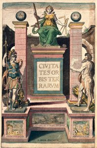 Frontispice av den första volymen: allegory of geography, en kvinna som håller comppas, square och rulle, trunkering ovanför en kvinnlig soldat och en naken man (etsning av Franz Hogenberg