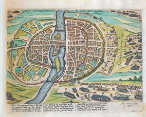 Mfalme Henry wa Navarre akiuzingira Paris, Agosti 1590, na Franz Hogenberg, kwa kuchonga av Franz Hogenberg