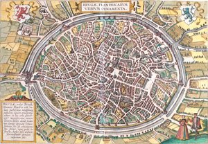 Karta över Brygge (Brugae), Belgien (etsning av Franz Hogenberg