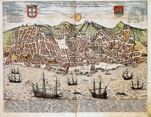 Karta över Lissabon - Portugal (gravyr av Franz Hogenberg