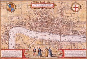 Karta över London City, Southwark och en del av Westminster, 1572 av Franz Hogenberg