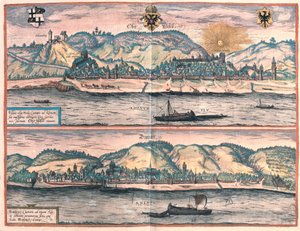 Oberwesel och Boppard, Tyskland (gravyr av Franz Hogenberg