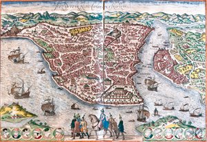 Plan av Bysans, omdöpt till Konstantinopel (Byzantium nunc Constantinopolis) (dagens Istanbul)
