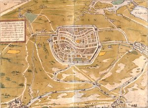Plan över Leiden (Leyden), Nederländerna (etsning av Franz Hogenberg