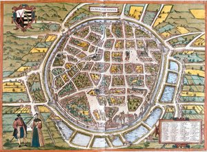Stadskarta över Freiberg (Fribergum Misinae), Tyskland (etsning av Franz Hogenberg