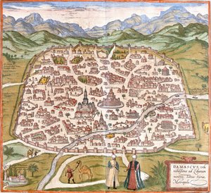 Utsikt över Damaskus (Damaskus), Syrien (etsning av Franz Hogenberg